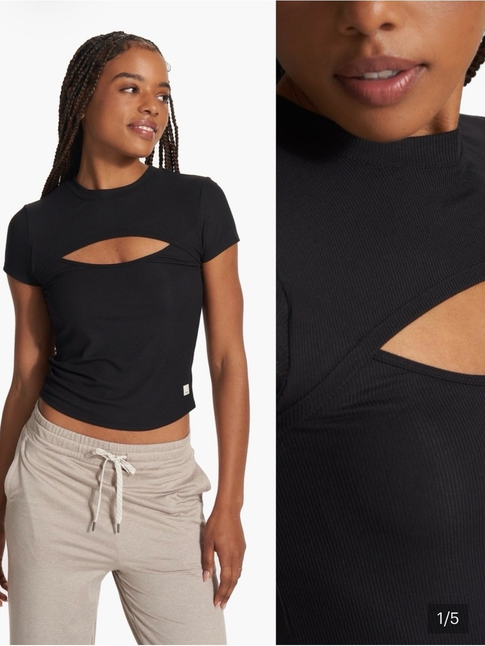 Vuori Cove Keyhole Ribbed Short-Sleeve Top - Black